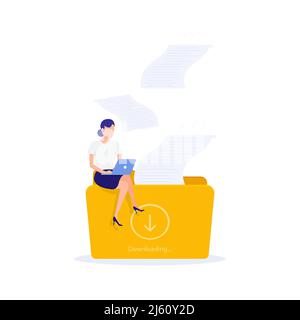 Woman sitting on a folder downloading work. Concept of file download, data storage, cloud computing service, digital information organization. Stock Vector