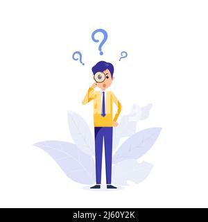 Businessman holding magnifying glass and looking through it at interrogation points. Concept of frequently asked questions, query, investigation, sear Stock Vector
