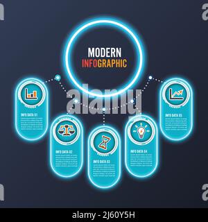 Abstract infographics neon options template. Vector illustration. Can be used for workflow layout, diagram, business step options, banner, web design. Stock Vector