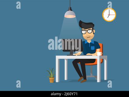 Man working on desktop computer and coffee cup. Stock Vector