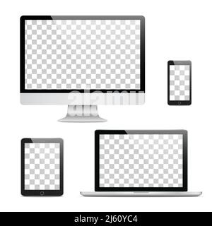 Set of realistic computer monitor, laptop, tablet and mobile phone with isolated on transparent screen. Various modern electronic gadget on isolate ba Stock Vector