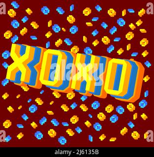 XOXO, abbreviation, Hugs and kisses, informal term used for expressing love. Pixelated word with geometric graphic background. Vector cartoon illustra Stock Vector