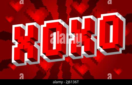 XOXO, abbreviation, Hugs and kisses, informal term used for expressing love. Pixelated word with geometric graphic background. Vector cartoon illustra Stock Vector