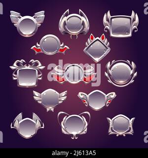 Game level metallic ui icons, empty silver or steel badges, banners with wings, gem stone or laurel wreath. Isolated metal award frames or bonus graphic elements, trophy achievement vector set for rpg Stock Vector