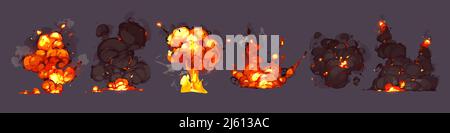 Bomb explosions, blasts with fire and black smoke clouds. Vector cartoon set of burst with flame and flash from dynamite, nuclear weapon or rocket hit isolated on background Stock Vector
