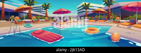 Outdoor swimming pool in hotel, empty poolside with chaise lounges, umbrella, inflatable ring or ball in water and palm trees along building facade. Exotic resort landscape Cartoon vector illustration Stock Vector