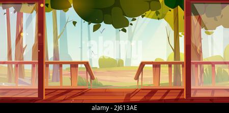 Home terrace with forest view, patio or veranda with wooden floor, porch, glass doors and fence at scenery nature landscape background with trees. Villa, cottage or hotel, Cartoon vector illustration Stock Vector