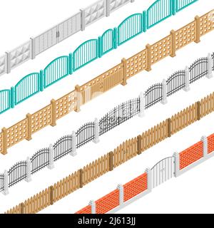 Colorful fences with gate isometric elements set in brick concrete wooden picket performance isolated vector illustration Stock Vector