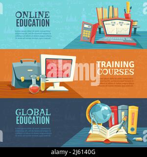 Global modern school education concept with training courses online 3 horizontal banners set abstract isolated vector illustration Stock Vector