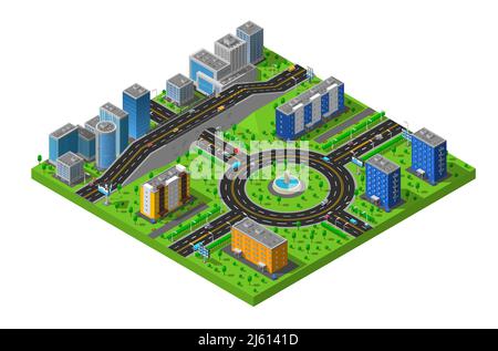 City business and residential districts isometric map poster with circular roundabout intersection with central island abstract vector illustration Stock Vector