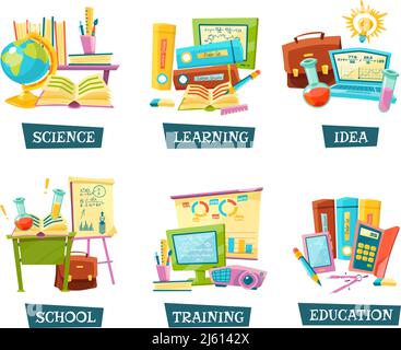 Modern and traditional school training educational materials supplies for classrooms 6 flat compositions set abstract vector illustration Stock Vector