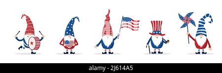 Patriotic american gnomes celebrate Independence day in the United States. Set of cute scandinavian elves with flag, pinwheel and drum. National Stock Vector