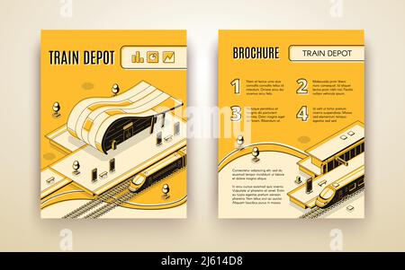 Railway transport company isometric vector advertising brochure, promotional leaflet or annual report pages template with high-speed passenger locomot Stock Vector