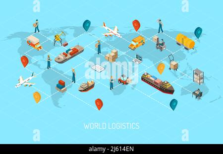 International logistic company worldwide operations with cargo distribution shipment and transportations map isometric poster abstract vector illustra Stock Vector