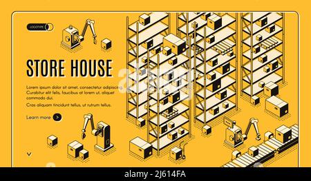Factory or shop automated storehouse, delivery service sorting, logistics center isometric vector web banner, landing page. Robotic hands taking boxes Stock Vector