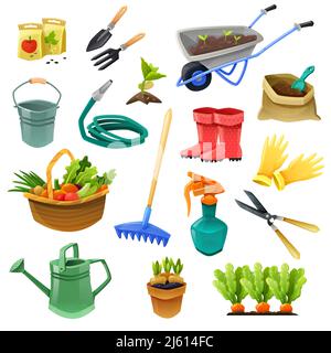 Gardening isolated color icons with handcart  hose for watering rubber boots bag of fertilizer and basket with vegetables vector illustration Stock Vector