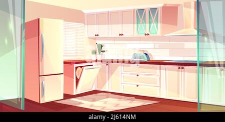 Vector cartoon illustration of bright kitchen in white color. Fridge, oven and exhaust hood in cooking room. Carpet on wooden floor, glass doors. Cupb Stock Vector