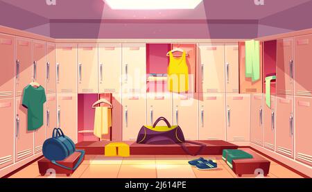 Vector cartoon school gym with wardrobe, changing room with open lockers and clothings for football or basketball team, background. Dressing of sports Stock Vector