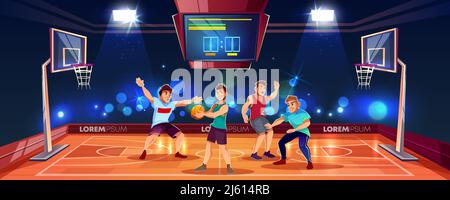 Vector cartoon background with sports people playing team game on basketball arena. Indoor playground in spotlights with electronic scoreboard, backbo Stock Vector