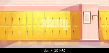 Vector cartoon school or college corridor with bright yellow lockers for students, pupils. University passage, hallway with wardrobes, changing room. Stock Vector