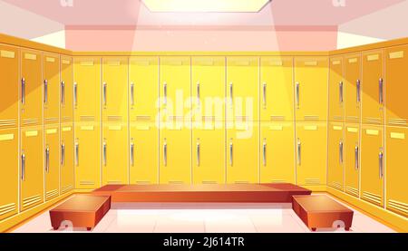 Vector cartoon school wardrobe, changing room. Background with bright yellow lockers for football or basketball team at college, university. Individua Stock Vector