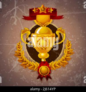 Golden trophy cup with winner ribbon and laurel wreath on marble background vector illustration Stock Vector