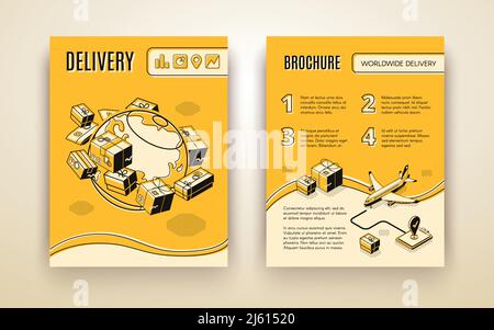 Vector brochure template for worldwide shipping, air delivery. 3d isometric planet with parcels, mail and plane. Booklet in thin line style, transport Stock Vector