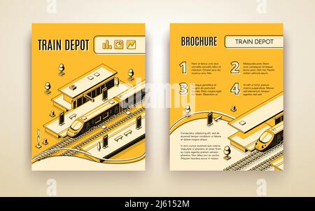 Vector brochure template for train depot. 3d isometric vehicle on railroad and station. Booklet in thin line style, transport logistics. Yellow backgr Stock Vector