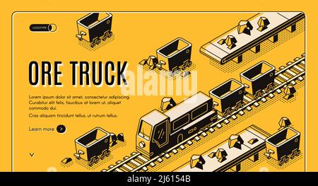 Ore mining or metallurgy company isometric vector web banner with ore truck pulling mining trolleys on railway line art illustration. Heavy industry, Stock Vector