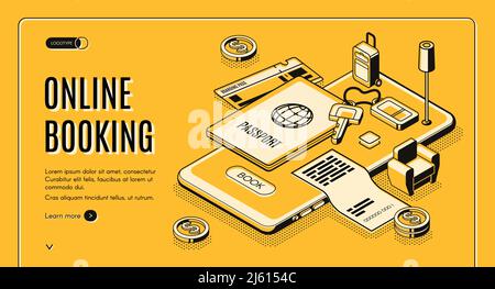 Booking tickets, reserving hotel room online service isometric vector web banner, landing page. Passport with boarding pass, apartment key and baggage Stock Vector