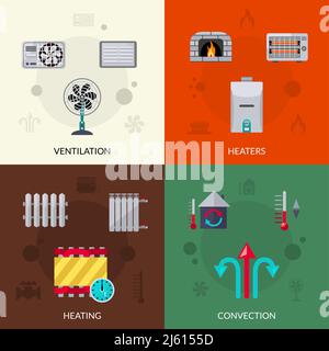 Heating ventilation and convection flat icons set isolated vector illustration Stock Vector