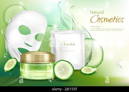 Vector 3d realistic banner with white sheet facial cosmetic mask, cucumber cosmetics.Ad poster with water splashes, moisturizing cream with vitamins, Stock Vector