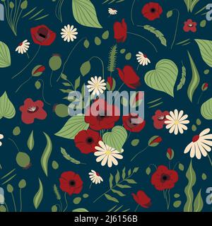 Vector seamless pattern, red and white flowers on a dark background. Fashion illustration in trend Stock Vector