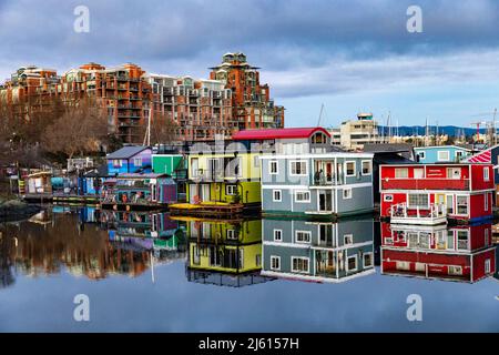 Colorful Float Homes at Fisherman's Wharf, Victoria's Inner Harbour - Victoria, Vancouver Island, British Columbia, Canada Stock Photo