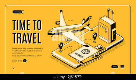 Online service, mobile app for travelers and tourists isometric vector web banner. Flying passenger airplane, baggage bag, airline tickets, traveling Stock Vector