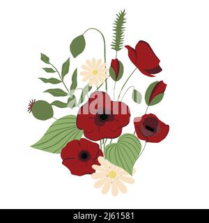 Bouquet of flowers, vector illustration, red poppies and daisies, greenery. Isolated on white background. Fashion illustration in trend Stock Vector