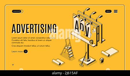 Advertising agency isometric vector web banner. Ladder, bucket with glue and partially glued banner on street billboard line art illustration. Outdoor Stock Vector