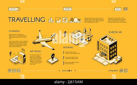 Traveling company isometric vector web banner, horizontal, slide website template with journey planning, tickets and hotel room booking online service Stock Vector