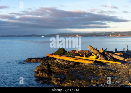 Coastal views off of Dallas Road Waterfront Trail - Victoria, Vancouver Island, British Columbia, Canada Stock Photo