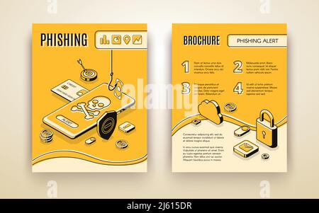 Vector brochure template with 3d isometric phishing alert concept, security mobile app, solution for personal data and finances. Yellow booklet with s Stock Vector
