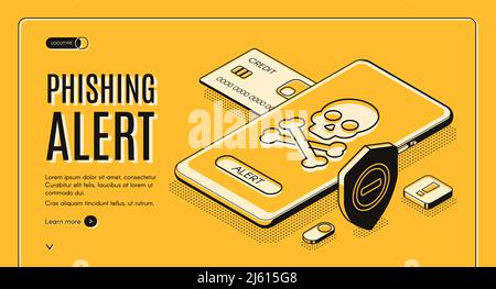 Phishing alert security mobile app, solution for personal data and finances secure from unauthorized access isometric vector web banner. Skull with cr Stock Vector