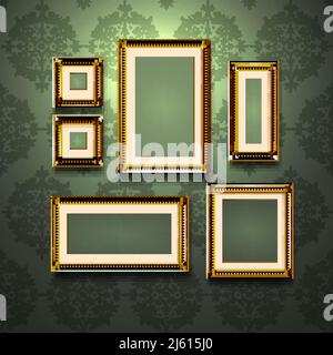 Realistic golden frames on retro style ornament wallpaper wall vector illustration Stock Vector
