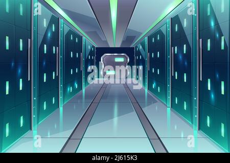 Vector cartoon corridor in a spaceship, datacenter with server racks. The illuminated passage in a shuttle, bright control room with database. Compute Stock Vector