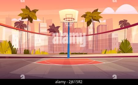 Vector cartoon background of basketball court in tropic city. Outdoor sports arena with basket for game. Street playground in town. Backdrop with gree Stock Vector