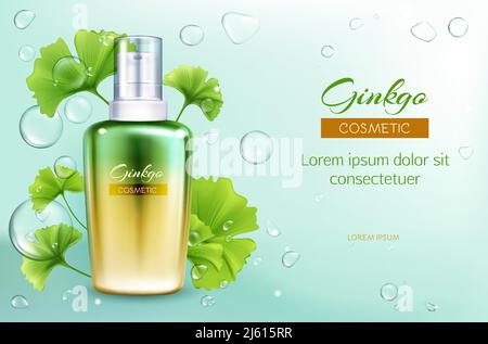 Micellar water for makeup cleansing 3d realistic vector ad poster template with glass or plastic bottle, ginkgo biloba leaves and bubbles illustration Stock Vector