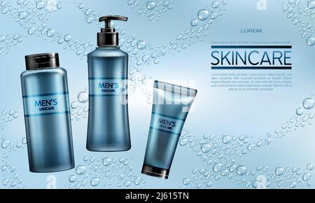 Mens cosmetics, skincare hydration products line 3d realistic vector advertising banner, promo poster with shampoo, shower gel or soap, shaving lotion Stock Vector