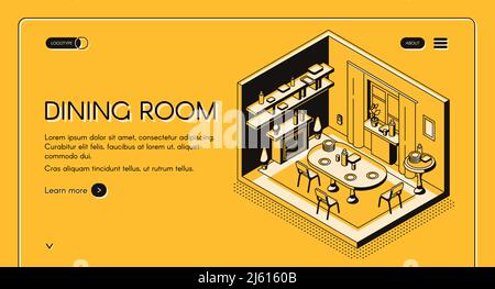 House engineering and construction company isometric vector web banner, landing page. Dining room cross section interior with chairs, dining table, fi Stock Vector
