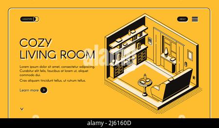 Real estate agency isometric vector web banner. Cozy living room cross section interior with soft sofa, coffee table and TV on stand line art illustra Stock Vector