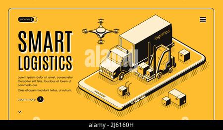 Commercial delivery service, business logistics company smart technologies isometric vector web banner, landing page. Cargo truck, forklift and flying Stock Vector