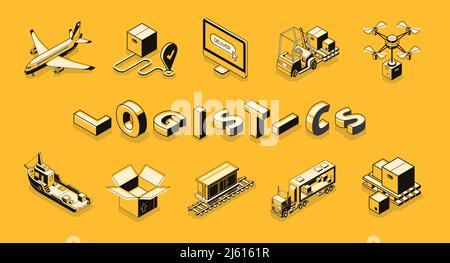 Business logistics line art, isometric vector banner. Retail company distribution, delivery or postal service technologies, commercial freights transp Stock Vector